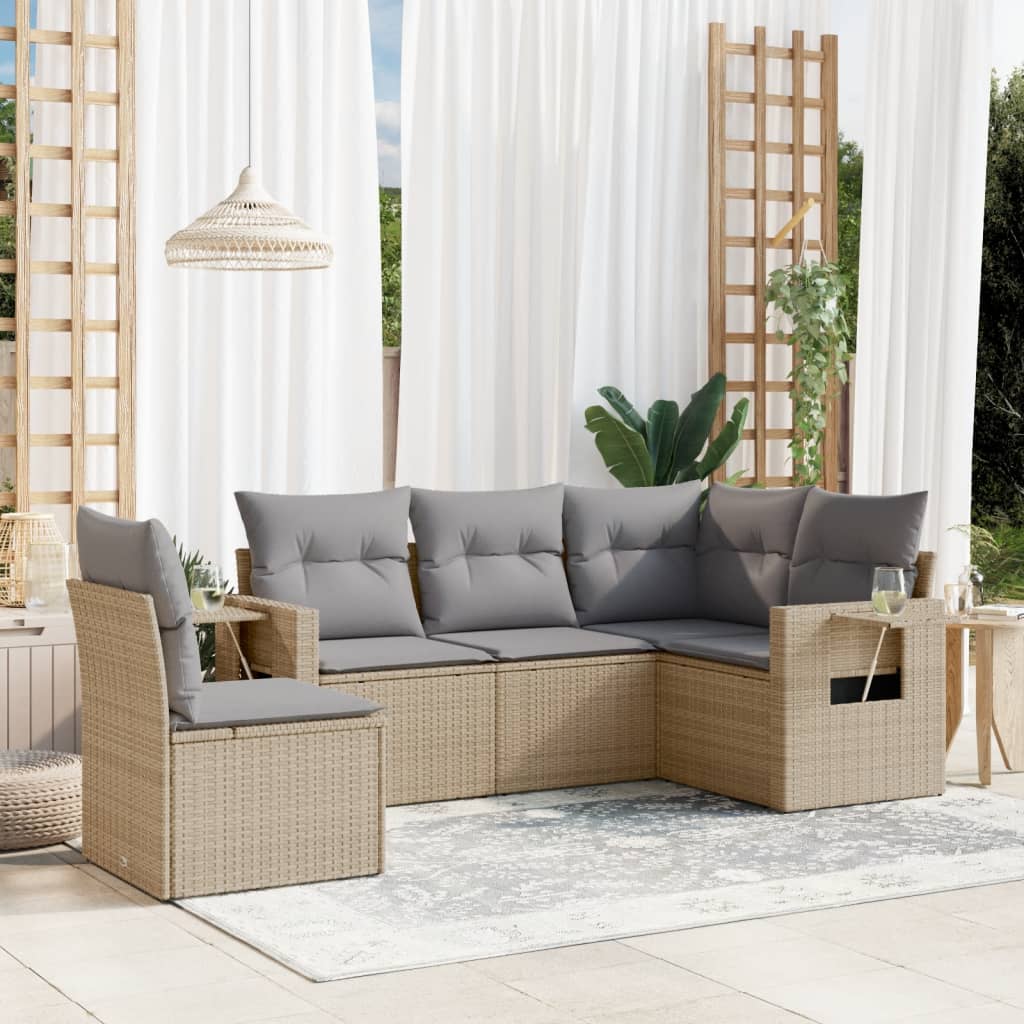 5-tlg. Garten-Sofagarnitur mit Kissen Schwarz Poly Rattan