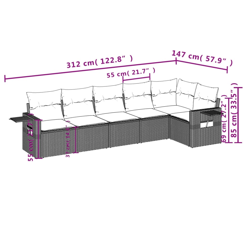6-teiliges Gartensofa-Set mit Kissen, schwarzes Polyrattan