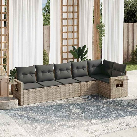 6-tlg. Garten-Sofagarnitur mit Kissen Schwarz Poly Rattan