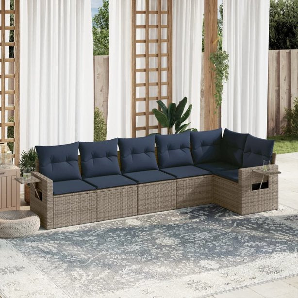 6-teiliges Gartensofa-Set mit Kissen, schwarzes Polyrattan