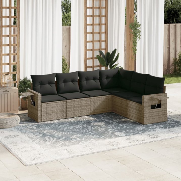 6-tlg. Garten-Sofagarnitur mit Kissen Schwarz Poly Rattan