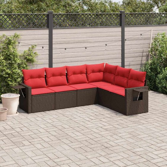 6-teiliges Gartensofa-Set mit Kissen, schwarzes Polyrattan