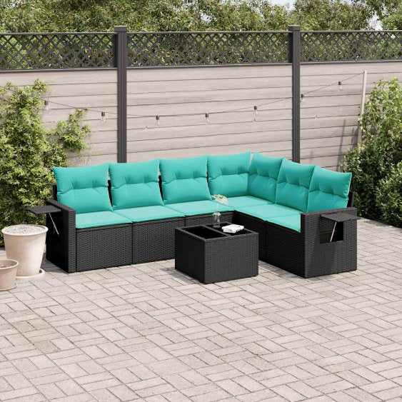 6-teiliges Gartensofa-Set mit Kissen, schwarzes Polyrattan