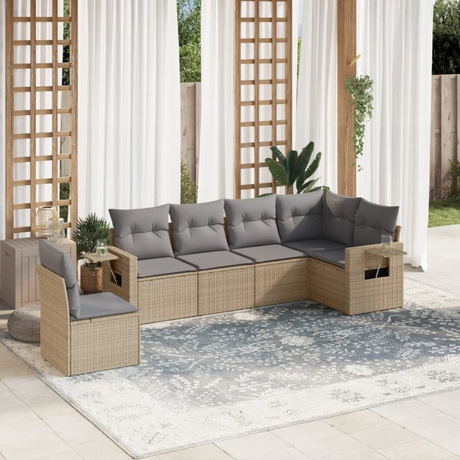 6-tlg. Garten-Sofagarnitur mit Kissen Schwarz Poly Rattan