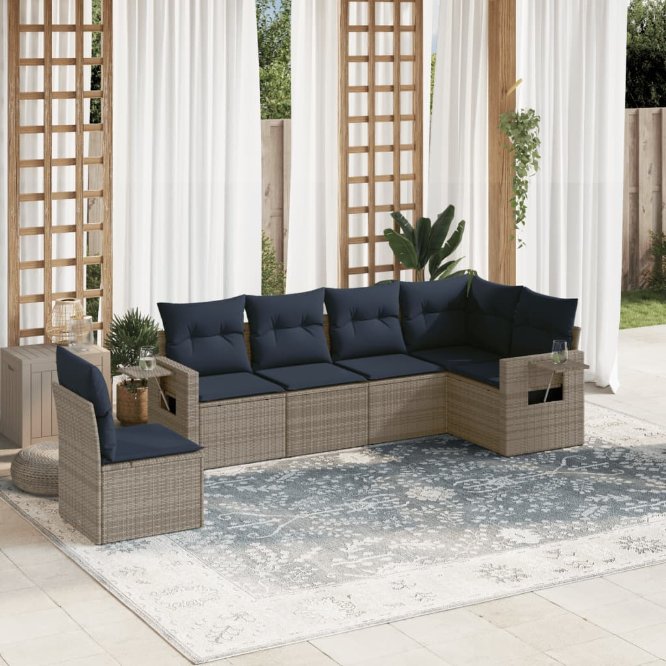 6-teiliges Gartensofa-Set mit Kissen, schwarzes Polyrattan
