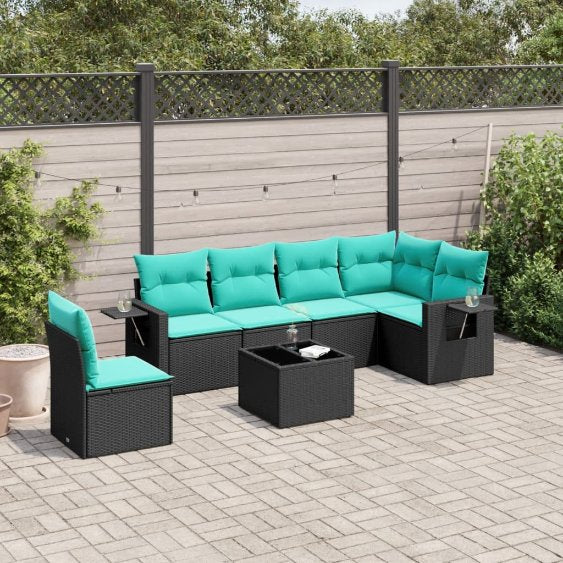 6-teiliges Gartensofa-Set mit Kissen, schwarzes Polyrattan