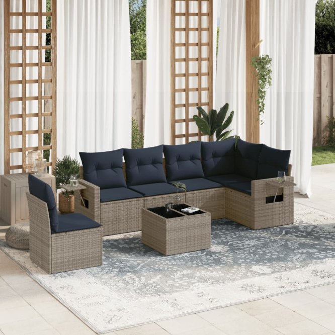 6-teiliges Gartensofa-Set mit Kissen, schwarzes Polyrattan