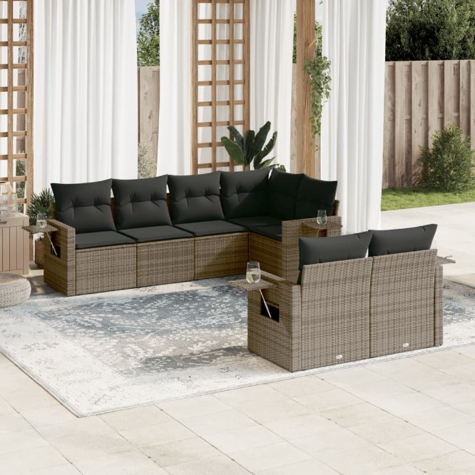 7-tlg. Garten-Sofagarnitur mit Kissen Schwarz Poly Rattan