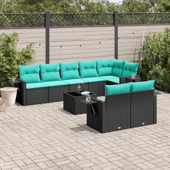 8-teiliges Gartensofa-Set mit Kissen, schwarzes Polyrattan