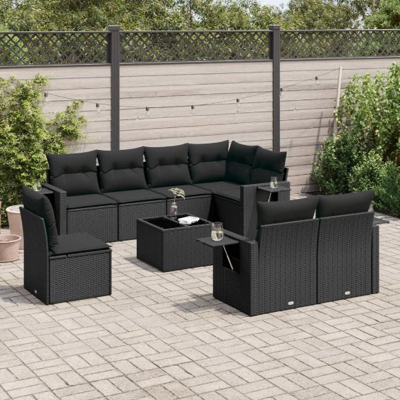 8-tlg. Garten-Sofagarnitur mit Kissen Schwarz Poly Rattan