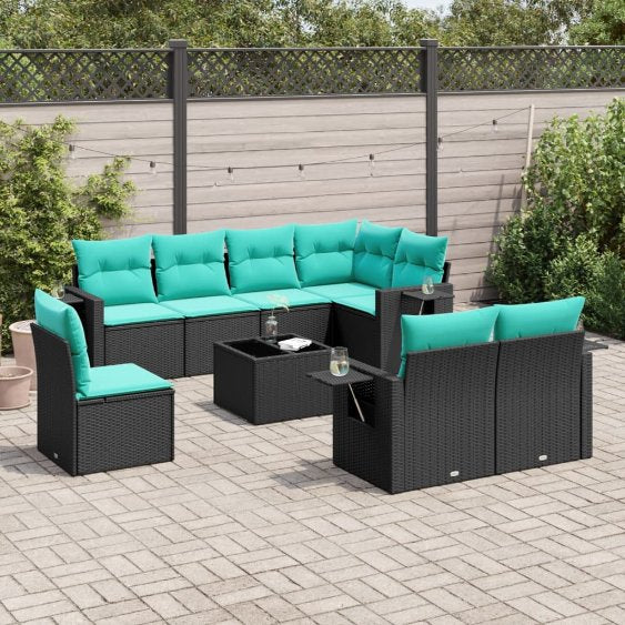 8-teiliges Gartensofa-Set mit Kissen, schwarzes Polyrattan
