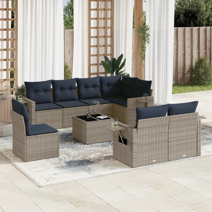 8-teiliges Gartensofa-Set mit Kissen, schwarzes Polyrattan
