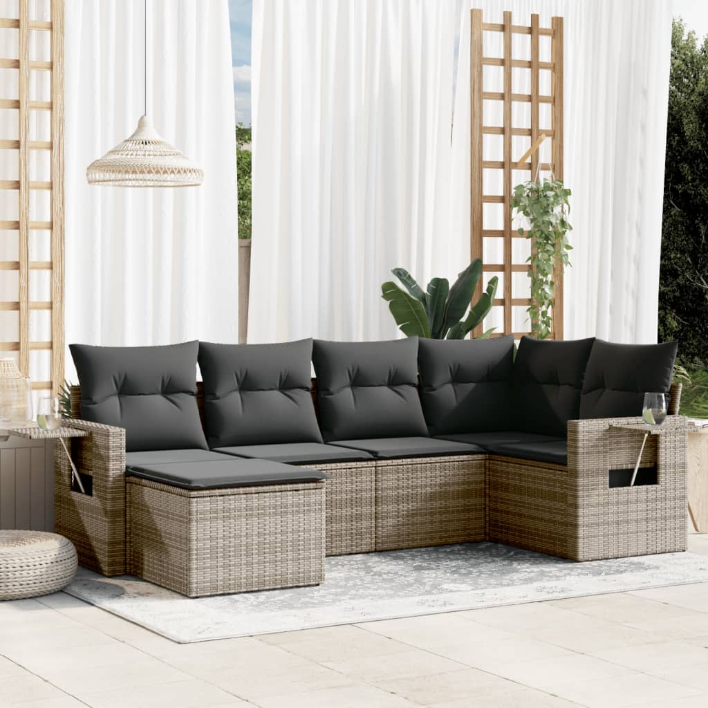 6-tlg. Garten-Sofagarnitur mit Kissen Schwarz Poly Rattan