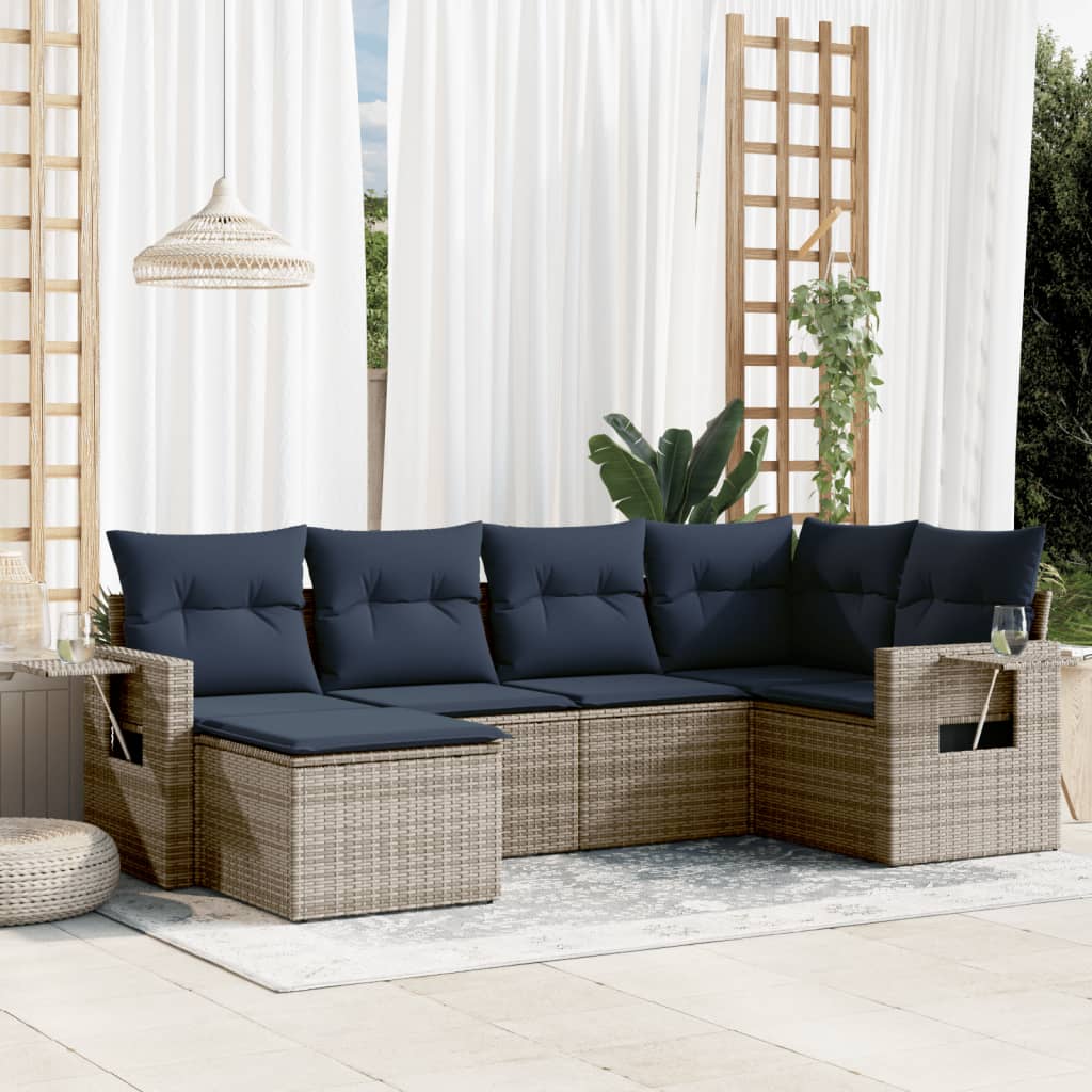 6-teiliges Gartensofa-Set mit Kissen, schwarzes Polyrattan