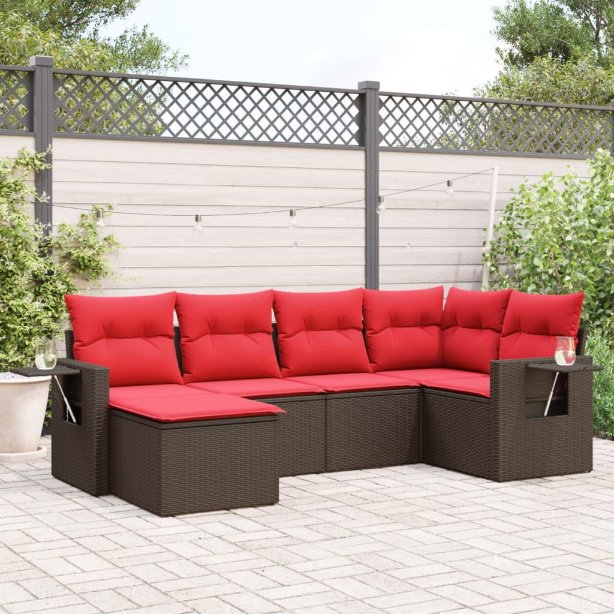6-teiliges Gartensofa-Set mit Kissen, schwarzes Polyrattan
