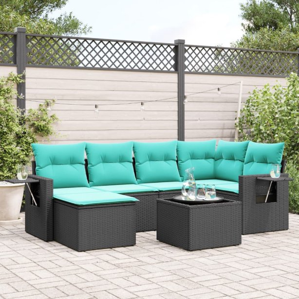 6-teiliges Gartensofa-Set mit Kissen, schwarzes Polyrattan