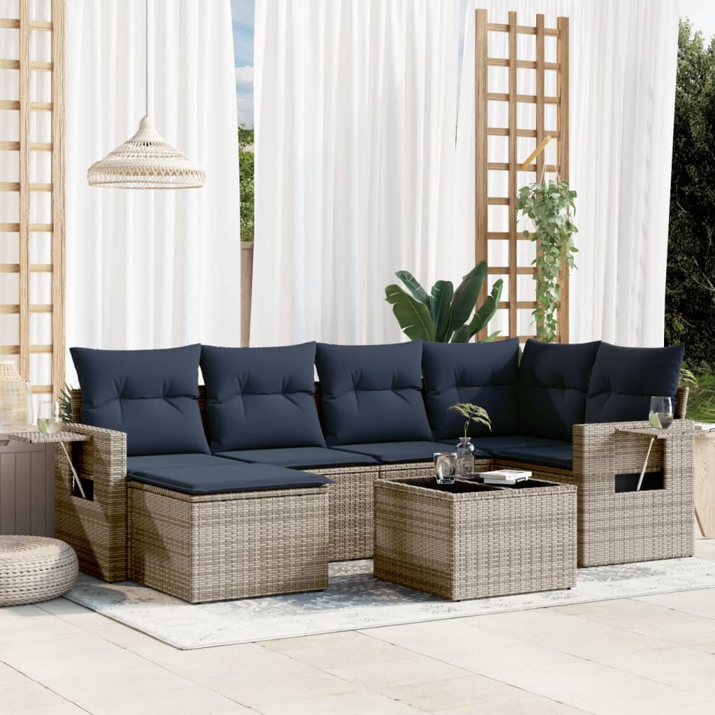 6-teiliges Gartensofa-Set mit Kissen, schwarzes Polyrattan
