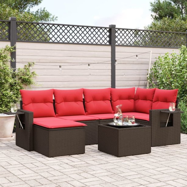 6-teiliges Gartensofa-Set mit Kissen, schwarzes Polyrattan