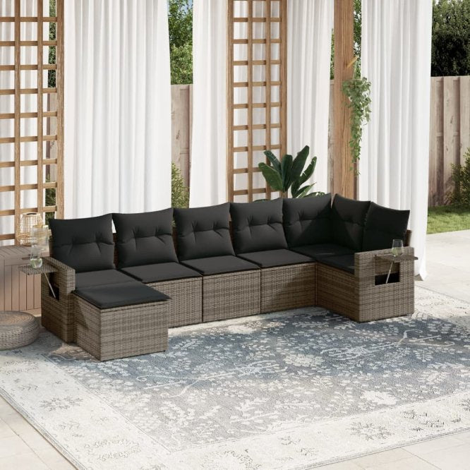 7-tlg. Garten-Sofagarnitur mit Kissen Schwarz Poly Rattan