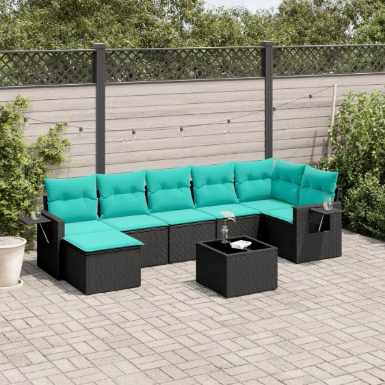 7-teiliges Gartensofa-Set mit Kissen, schwarzes Polyrattan