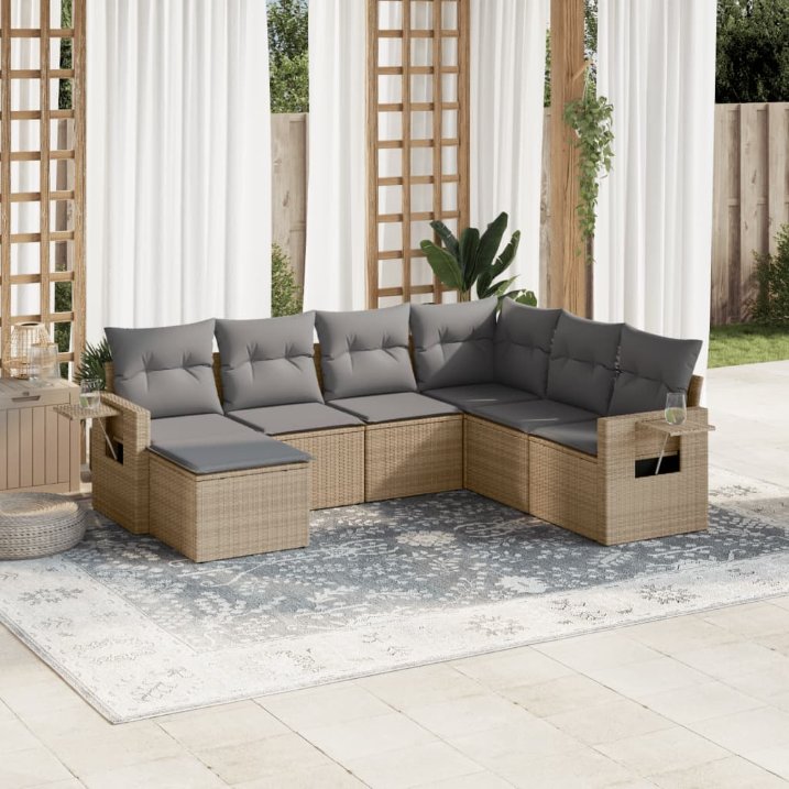 7-tlg. Garten-Sofagarnitur mit Kissen Schwarz Poly Rattan