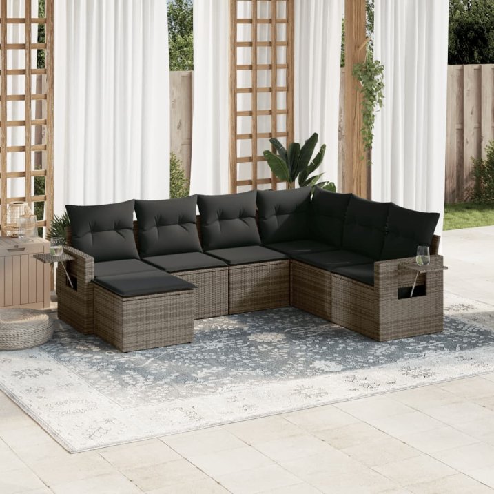 7-tlg. Garten-Sofagarnitur mit Kissen Schwarz Poly Rattan