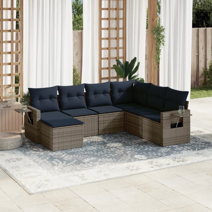 7-teiliges Gartensofa-Set mit Kissen, schwarzes Polyrattan
