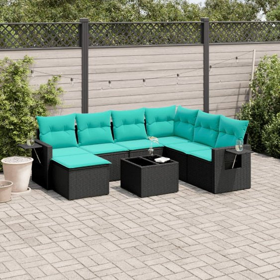 7-teiliges Gartensofa-Set mit Kissen, schwarzes Polyrattan