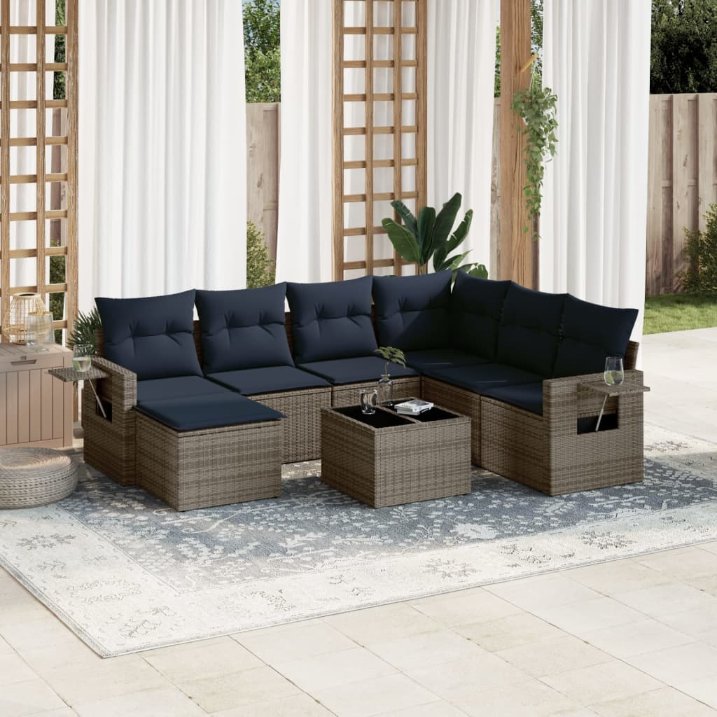 7-teiliges Gartensofa-Set mit Kissen, schwarzes Polyrattan