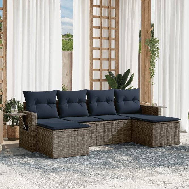 6-teiliges Gartensofa-Set mit Kissen, schwarzes Polyrattan