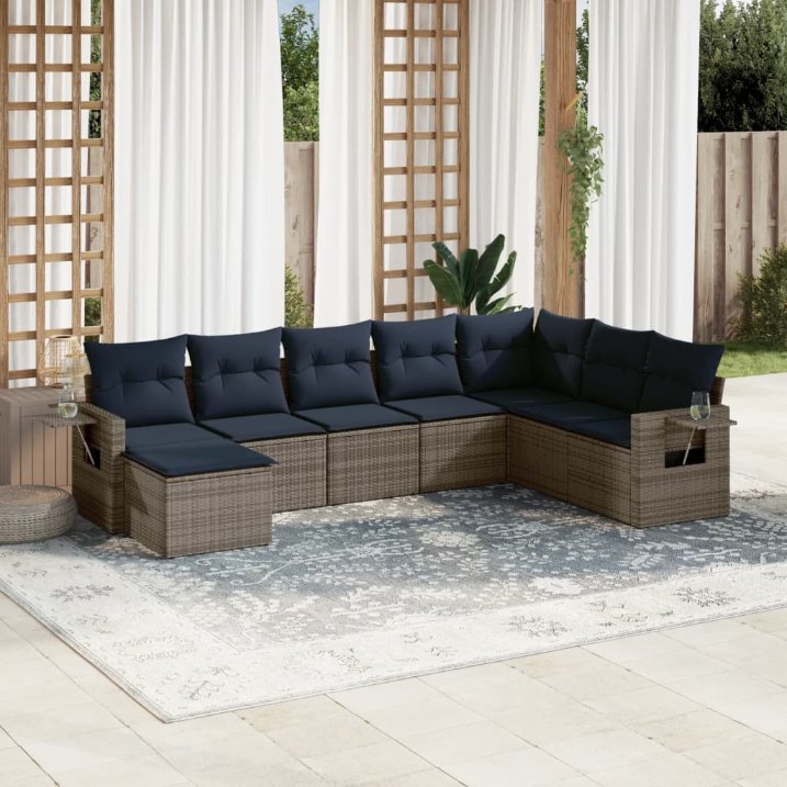 8-teiliges Gartensofa-Set mit Kissen, schwarzes Polyrattan