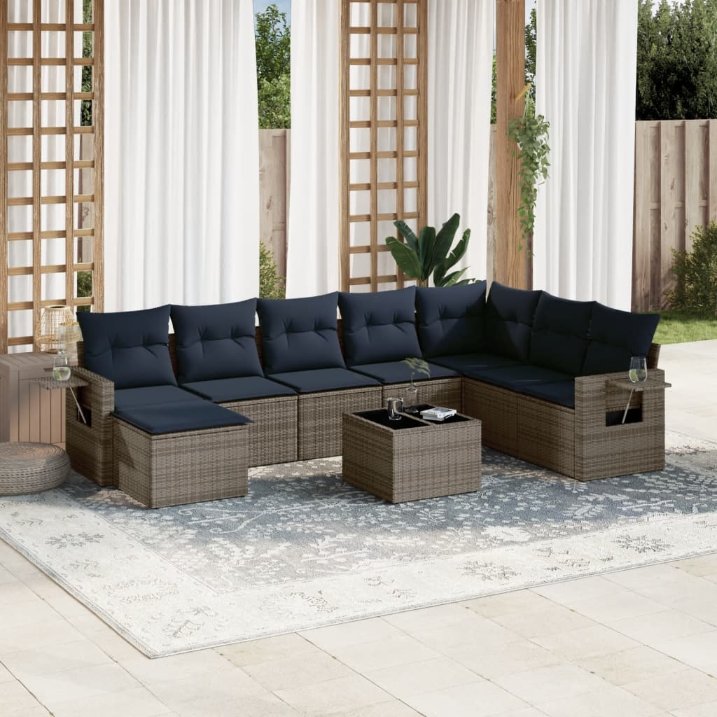 8-teiliges Gartensofa-Set mit Kissen, schwarzes Polyrattan