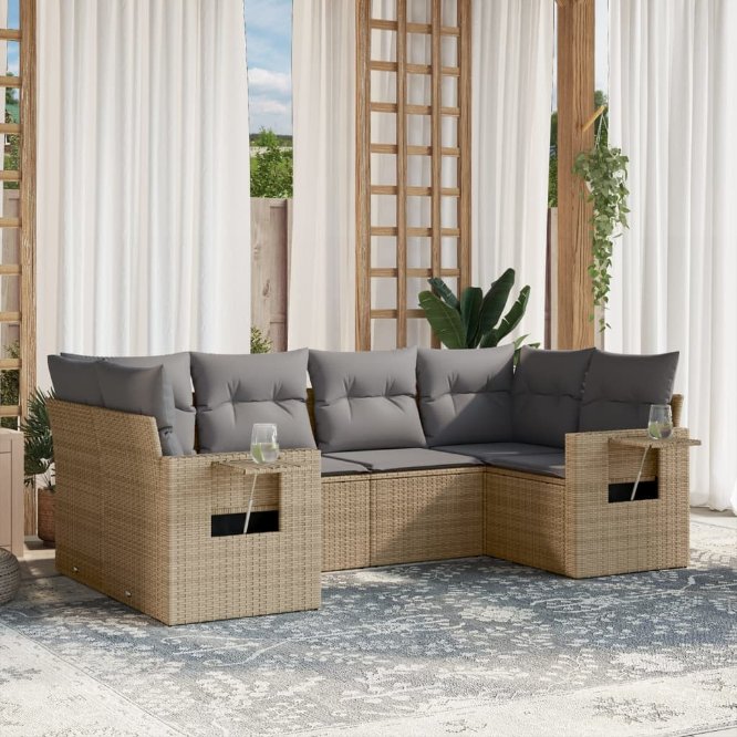 6-tlg. Garten-Sofagarnitur mit Kissen Schwarz Poly Rattan