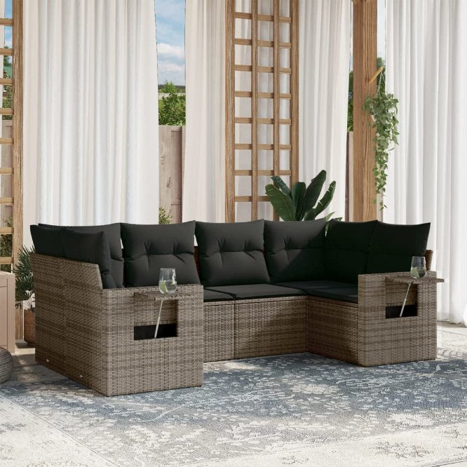 6-tlg. Garten-Sofagarnitur mit Kissen Schwarz Poly Rattan