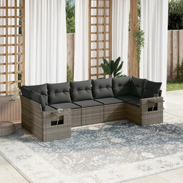 7-tlg. Garten-Sofagarnitur mit Kissen Schwarz Poly Rattan