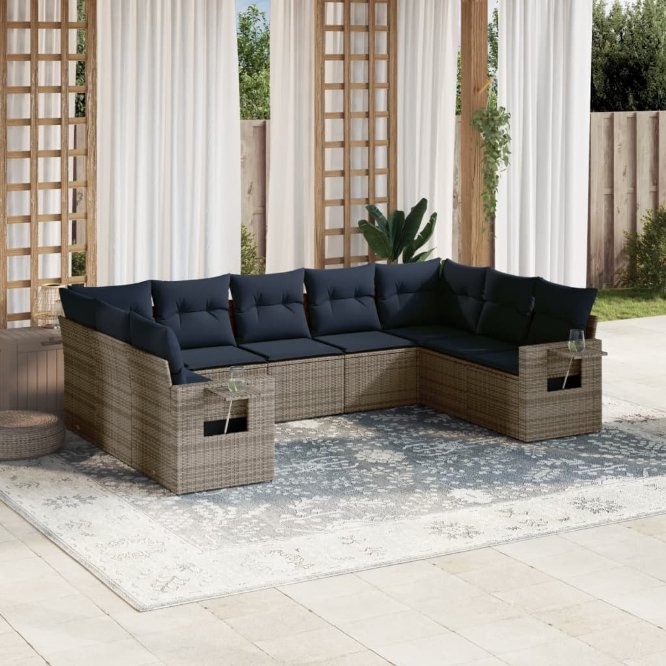 9-teiliges Gartensofa-Set mit Kissen, schwarzes Polyrattan