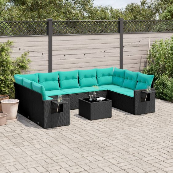 9-teiliges Gartensofa-Set mit Kissen, schwarzes Polyrattan