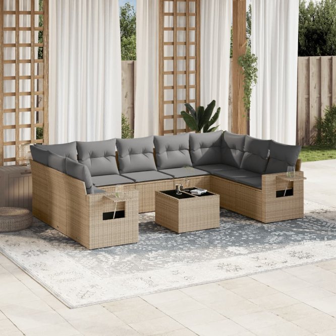 9-tlg. Garten-Sofagarnitur mit Kissen Schwarz Poly Rattan