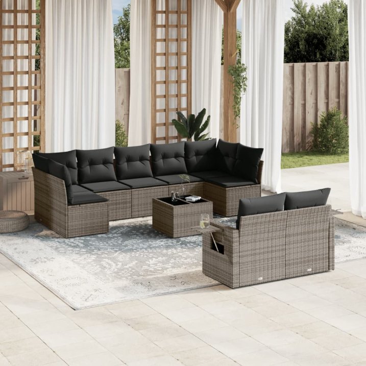 9-tlg. Garten-Sofagarnitur mit Kissen Schwarz Poly Rattan