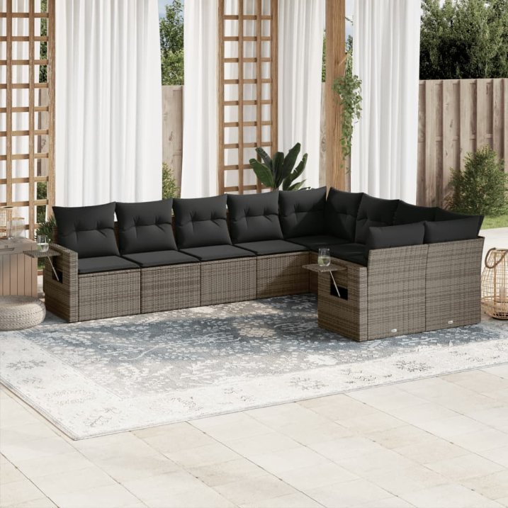 9-tlg. Garten-Sofagarnitur mit Kissen Schwarz Poly Rattan