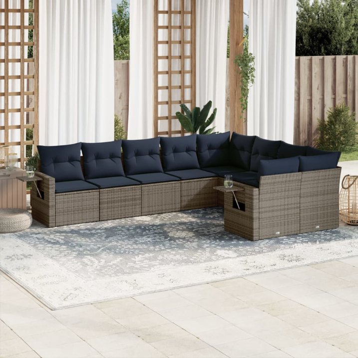 9-teiliges Gartensofa-Set mit Kissen, schwarzes Polyrattan