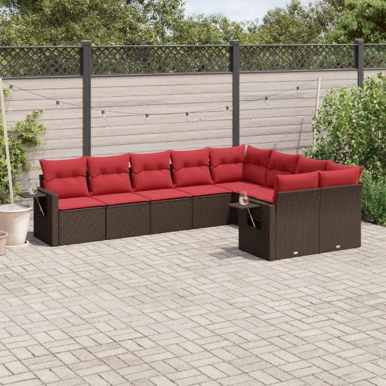 9-teiliges Gartensofa-Set mit Kissen, schwarzes Polyrattan