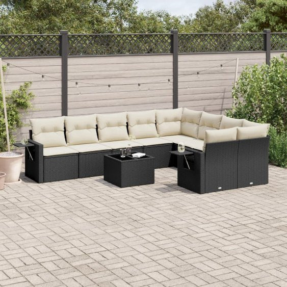 9-tlg. Garten-Sofagarnitur mit Kissen Schwarz Poly Rattan