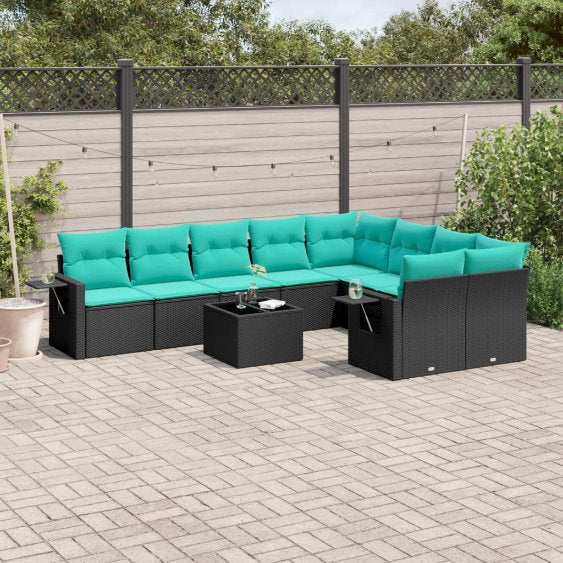 9-teiliges Gartensofa-Set mit Kissen, schwarzes Polyrattan