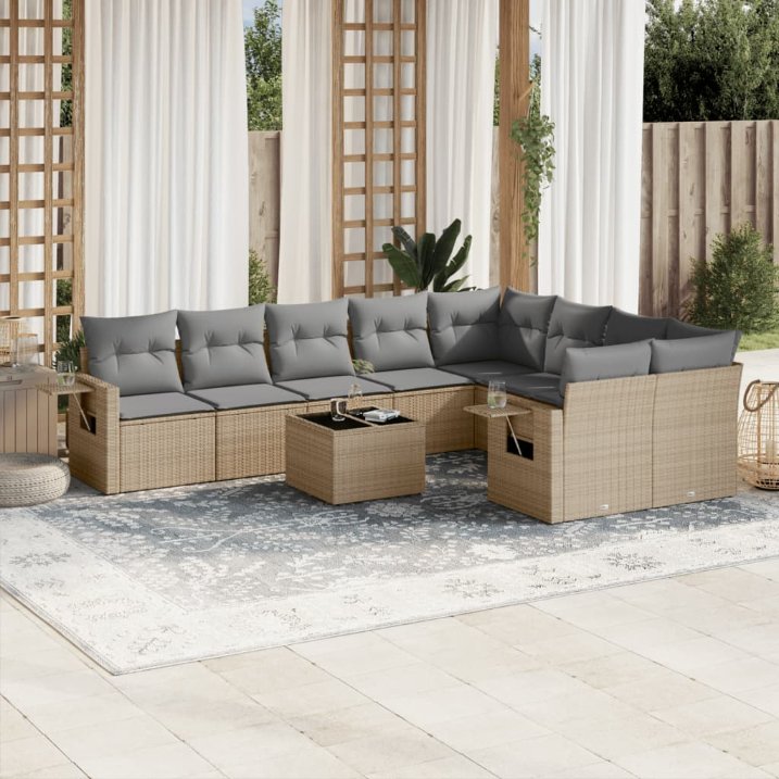 9-tlg. Garten-Sofagarnitur mit Kissen Schwarz Poly Rattan