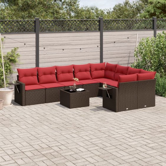 9-teiliges Gartensofa-Set mit Kissen, schwarzes Polyrattan