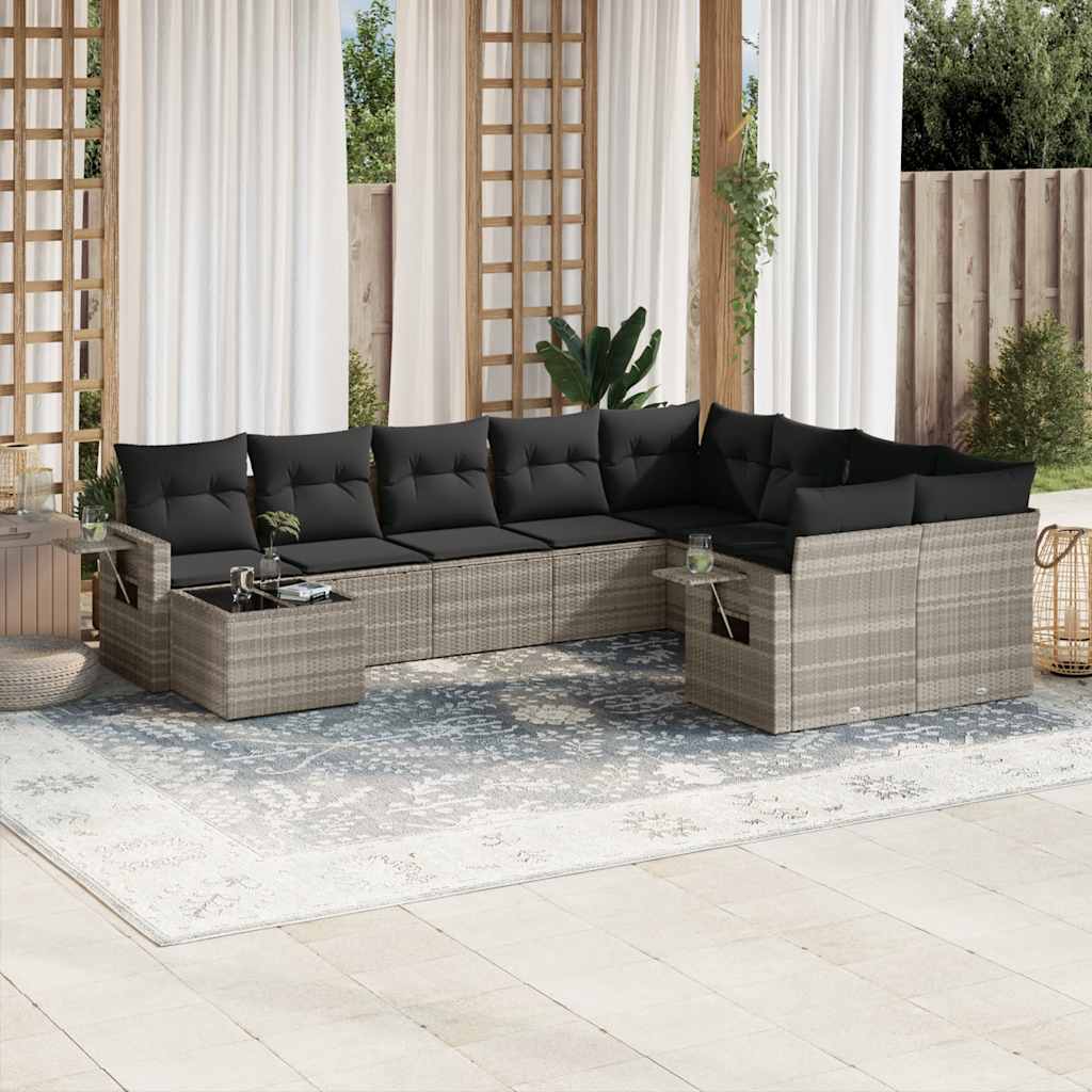 vidaXL 10-tlg. Garten-Sofagarnitur mit Kissen Schwarz Poly Rattan