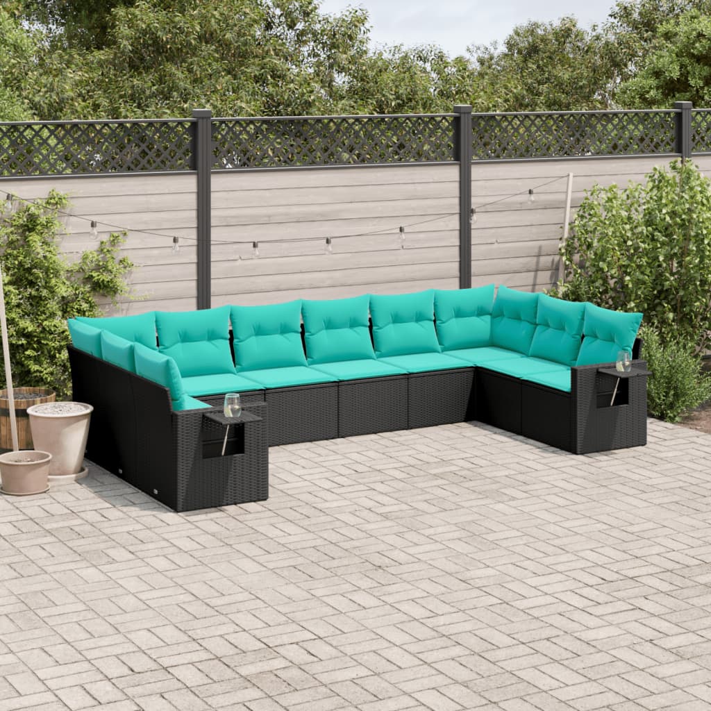 vidaXL 10-teiliges Gartensofa-Set mit Kissen, schwarzes Polyrattan