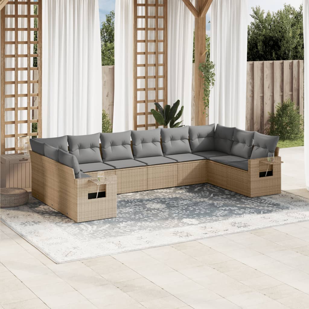 vidaXL 10-tlg. Garten-Sofagarnitur mit Kissen Schwarz Poly Rattan