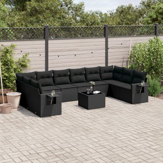 vidaXL 10-tlg. Garten-Sofagarnitur mit Kissen Schwarz Poly Rattan